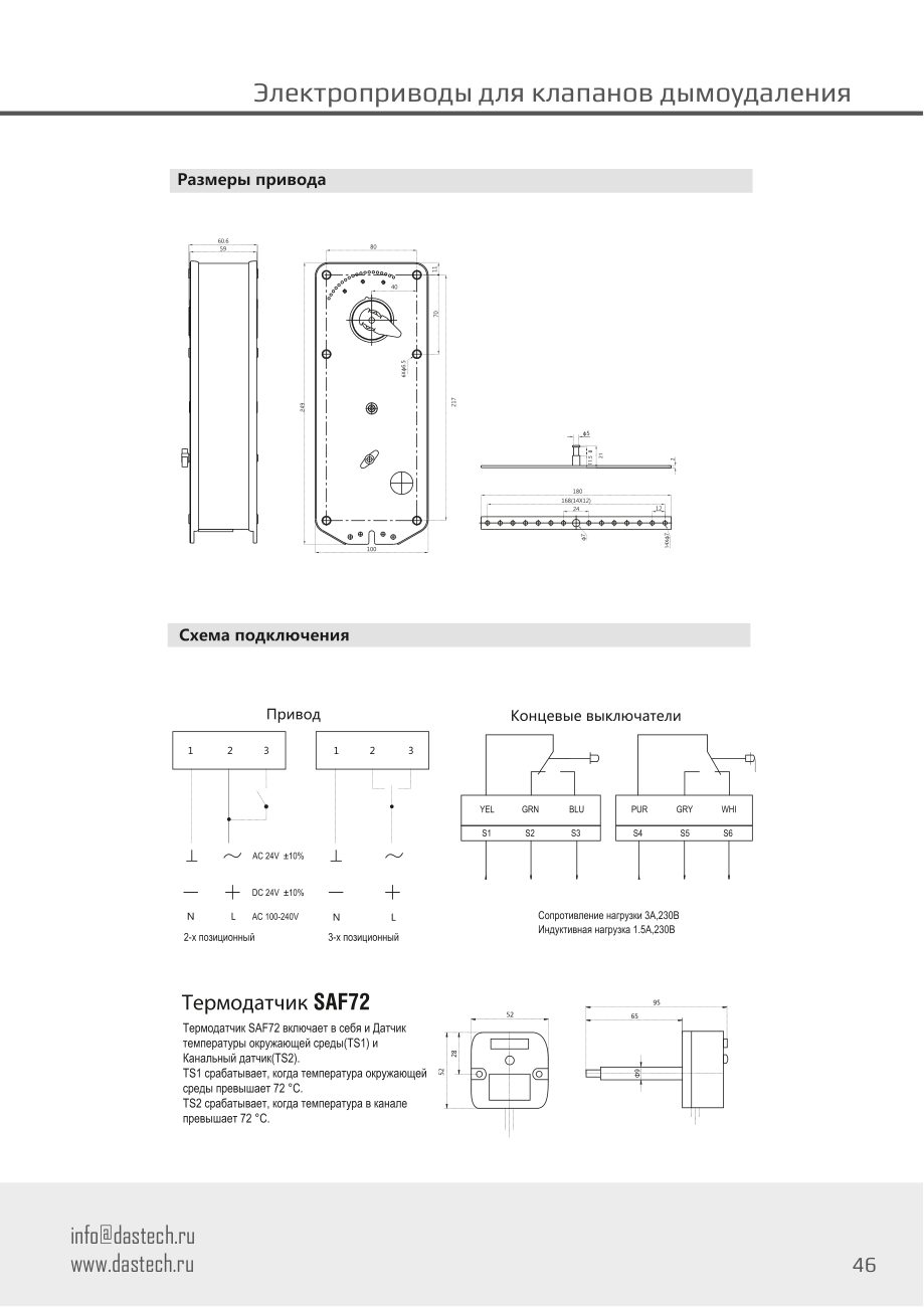 Размеры и схема подключения электропривода Dastech FS-30N220S